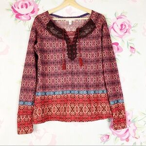 Vintage America Boho Print Long Sleeve Blouse M